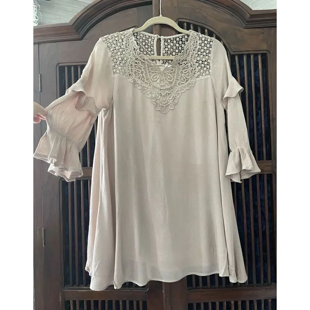 Madewell Bohemian Style Beige Mini Hippie Bell Sleeve Dress Size M